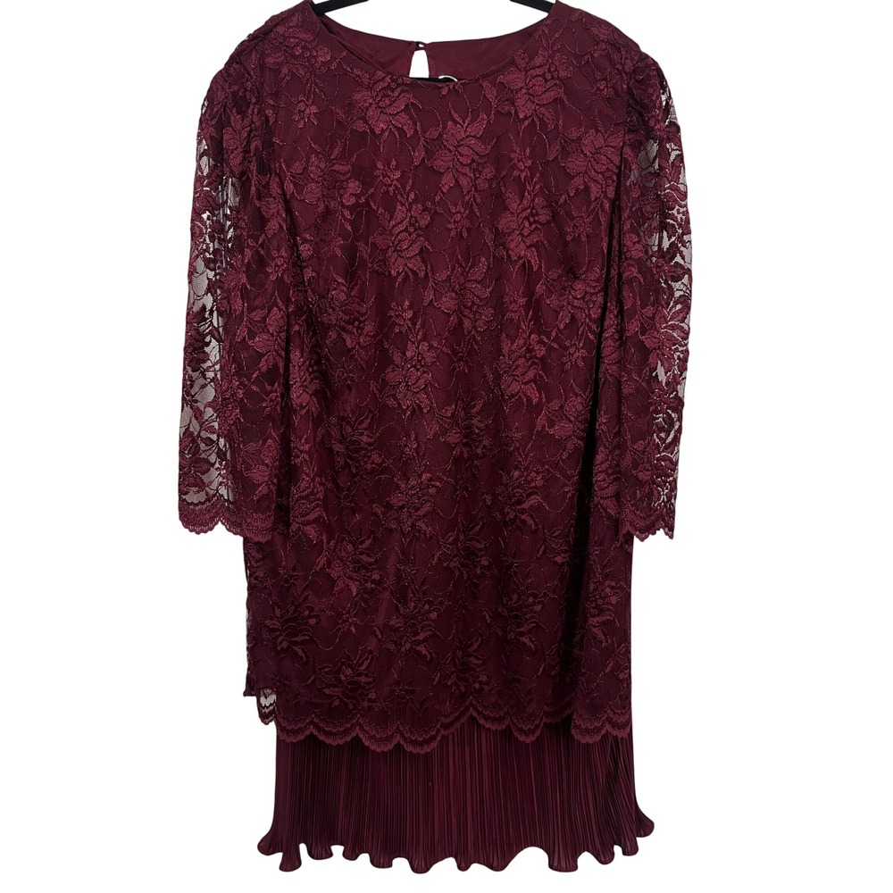 David Rose 2 Piece Skirt Set 20W Vintage Romantic Floral Lace Pleated Burgundy